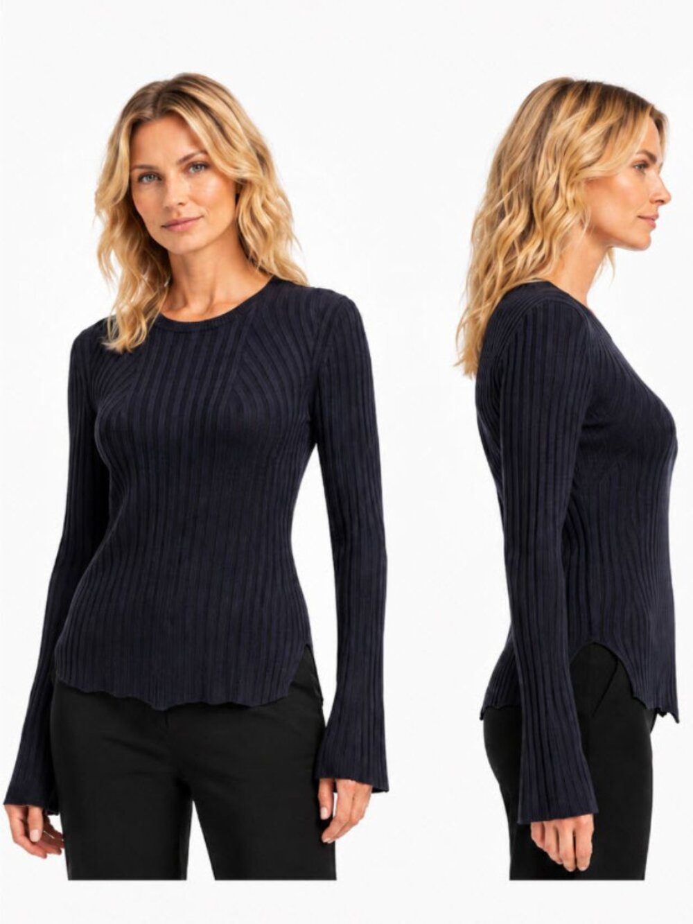 Theory Navy Ribbed Linen Blend Long Sleeve Knit Top Size M
